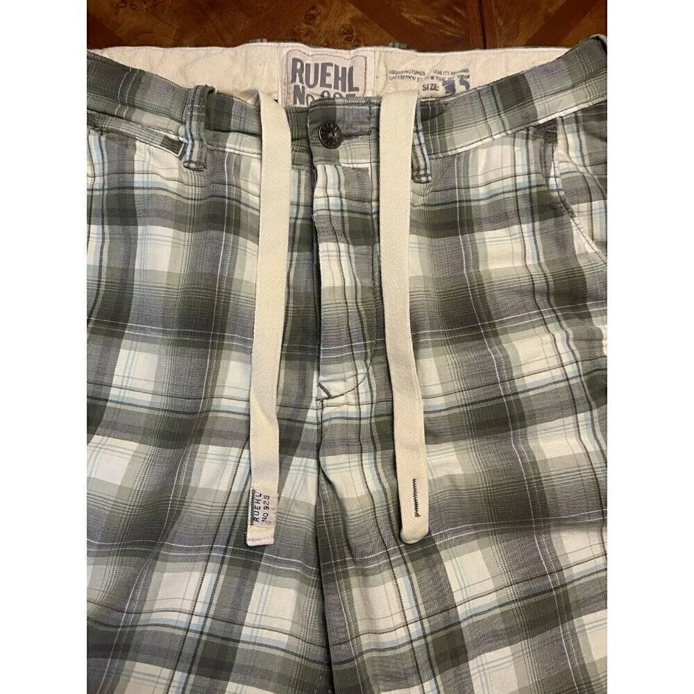 RUEHL No.925 Men's 32 Plaid Green Chino Shorts Heavy Twill Button Fly Drawstring